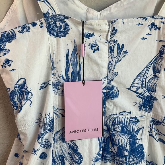 New Avec Les Filles 6 Blue White Toile Sea Creatures Mermaid Seahorse Midi dress - Picture 6 of 16